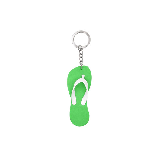 A green thong-shaped EVA floating keychain with a white strap, attached to a metal keychain ring.