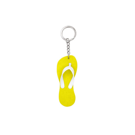 A yellow EVA floating keychain shaped like a thong sandal, featuring a white thong strap and metal keyring.