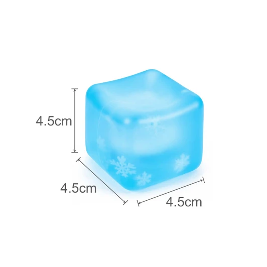 A blue stress relief cube featuring snowflake designs, measuring 4.5cm on each side. Includes a logo.