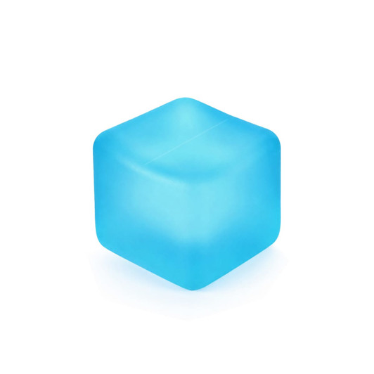 A blue squishy stress relief cube with a smooth, glossy surface and rounded edges.