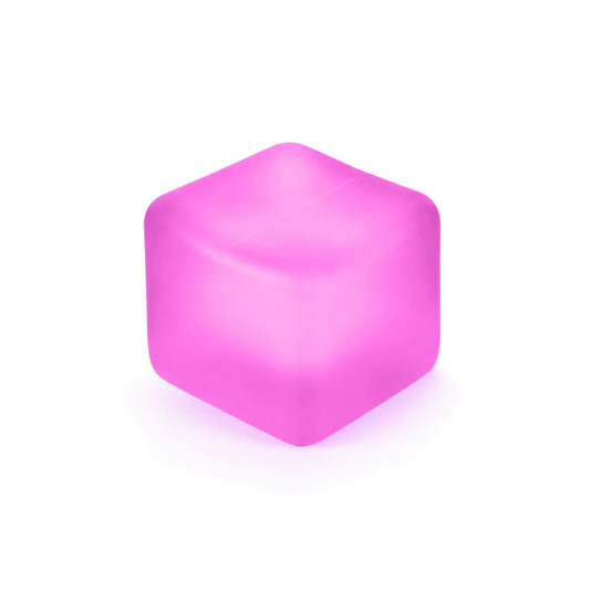 A pink squishy stress relief cube with smooth edges, featuring a glossy finish. It includes a logo on one side.