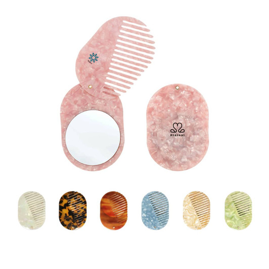 A portable pink acetate hair comb with a mirror, featuring various additional colours and a logo design.