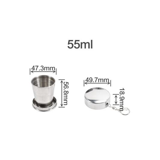A compact stainless steel folding cup in silver, featuring dimensions of 55ml with a detachable keychain.