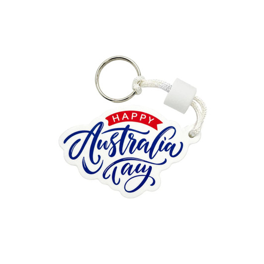 A white EVA floating keychain featuring a colourful design with the text "Happy Australia Day". It has a metal ring attachment.