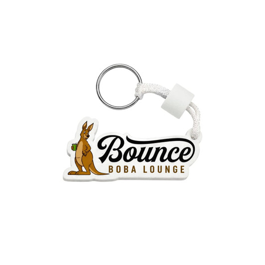 A custom EVA floating keychain featuring a kangaroo design in brown, with a white background and a metal keyring.
