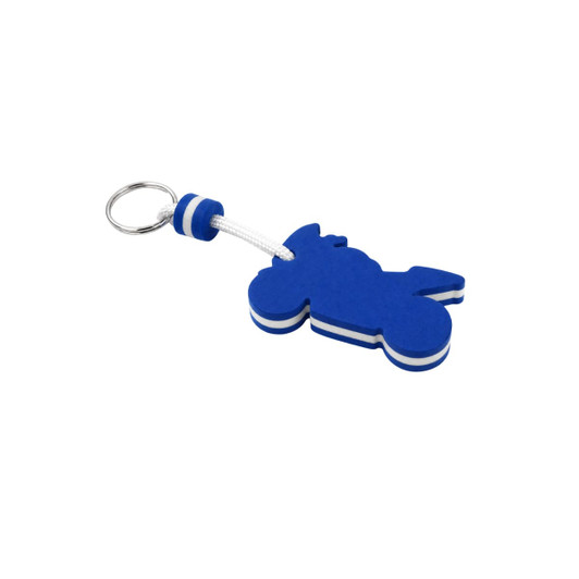 A blue EVA floating keychain in the shape of a motorcycle, featuring white stripes and a secure keyring attachment.
