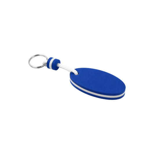 A blue EVA floating keychain with white stripes and a sturdy attachment loop. It features a metal keyring.