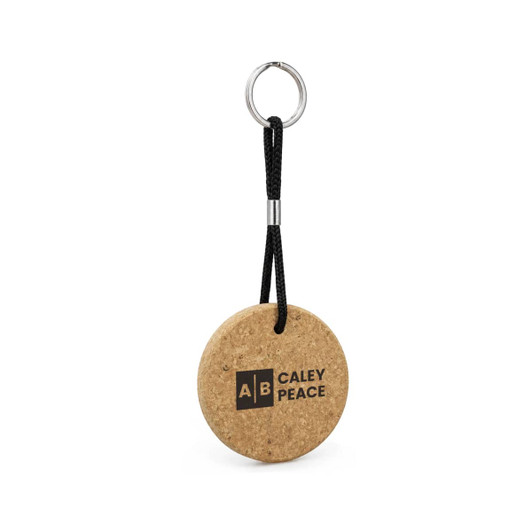 A round cork keyring with a black cord attachment and a silver metal keyring.