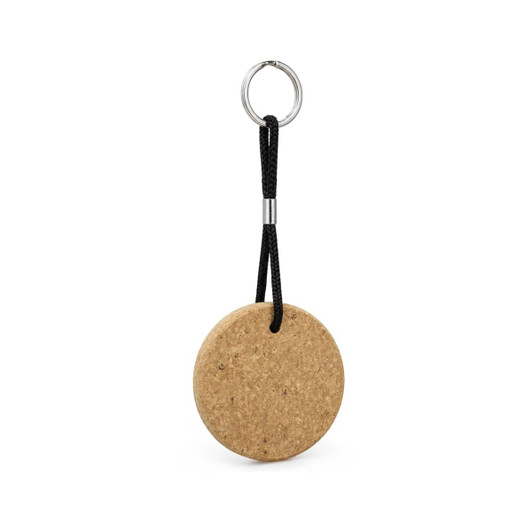 A round cork keyring featuring a natural cork finish and attached to a black cord and metal keyring.