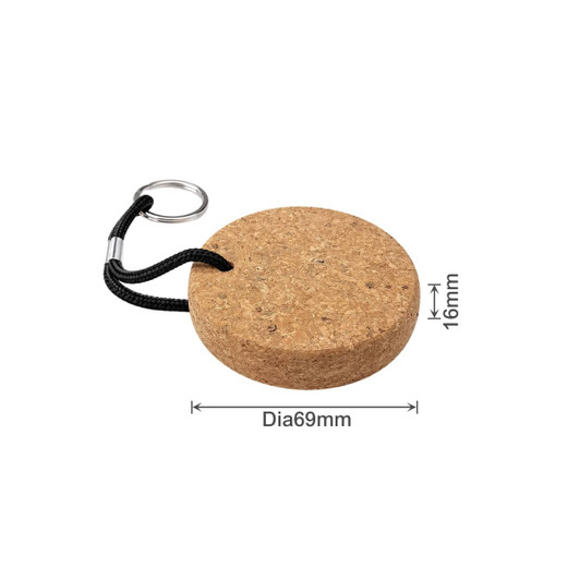 A round cork keyring with a diameter of 69mm, featuring a black cord and metal keyring attachment.