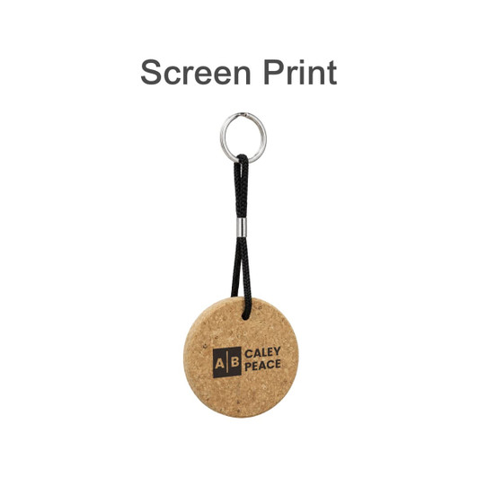 A round cork keyring with a textured surface, silver metal attachment, and black cord. It has a logo on it.