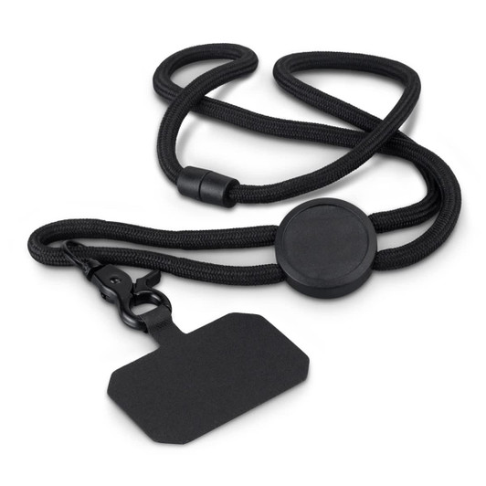 A black Roam Phone Lanyard with a detachable hook and a flat tag for identification or accessories.