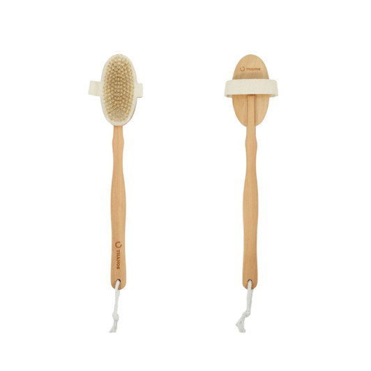 A detachable shower brush with a long wooden handle and a light-coloured bristle head, featuring a branding logo.