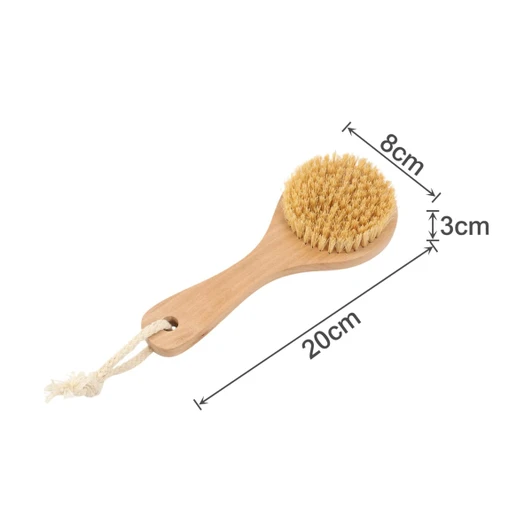 A round body brush with a short wooden handle and a natural bristle head, measuring 20cm in length and 8cm in width.