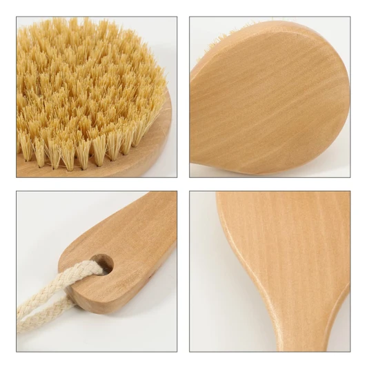 A round body brush with a short wooden handle and natural bristles, featuring a hanging loop for easy storage.
