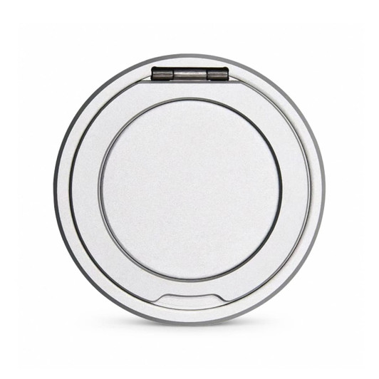 A round, silver magnetic charger with a stand, featuring a smooth surface and a hinged element.