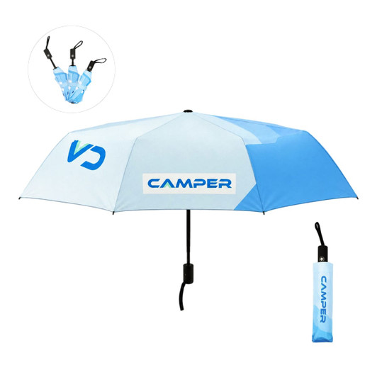 A blue and light blue anti-rebound folding umbrella with a matching storage sleeve and a logo.