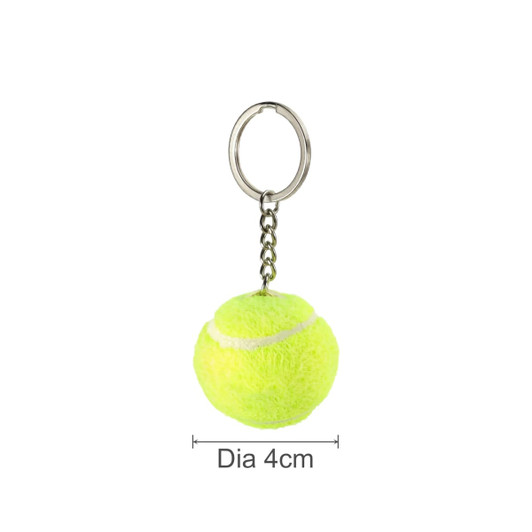 A yellow tennis ball keyring with a silver metal chain, measuring 4cm in diameter.