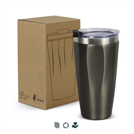 A drink bottle in a sleek dark grey colour, alongside its eco-friendly packaging and a clear lid.