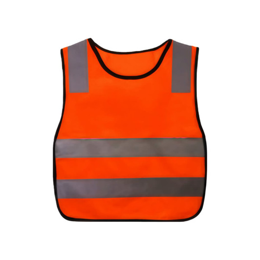 A bright orange reflective safety vest with grey stripes and a black trim. It features a logo on the front.