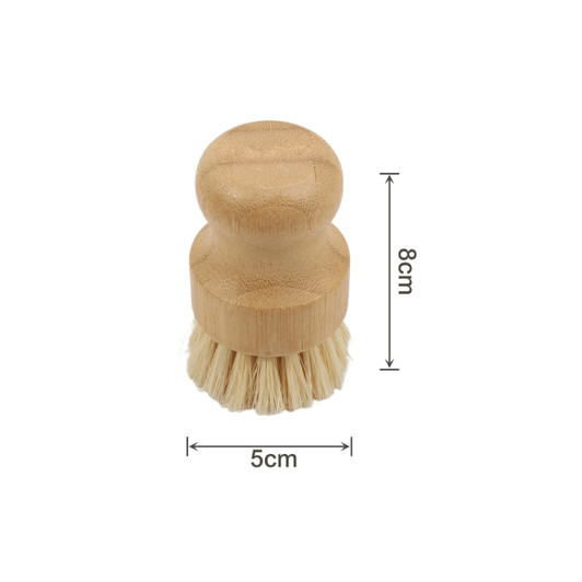 A bamboo dish brush with a rounded handle and natural bristles, measuring 8 cm in height and 5 cm in diameter.