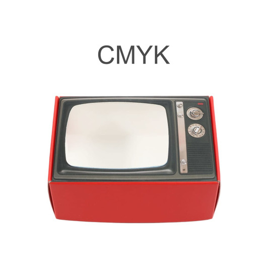 A retro TV-style gift box in red with a mirrored screen and a vintage control panel design. It features a logo.