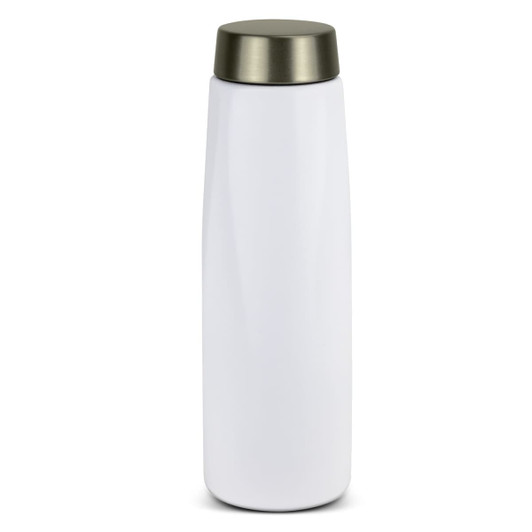 A drink bottle in white with a metallic grey lid, featuring a sleek, tapered design and a logo.