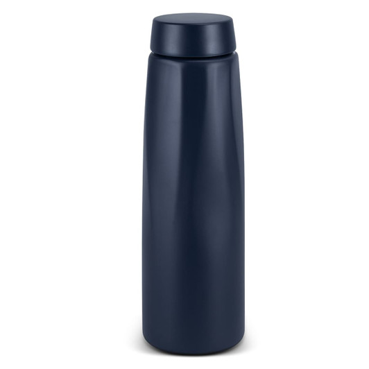 A drink bottle in a sleek dark navy design, featuring a smooth, cylindrical shape and a matching lid.