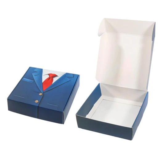 A custom flip-top gift box in blue with a suit design and a white interior, featuring a square window.