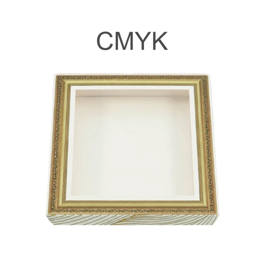 A square picture frame-style gift box with a decorative gold border and an empty interior. It has a logo.