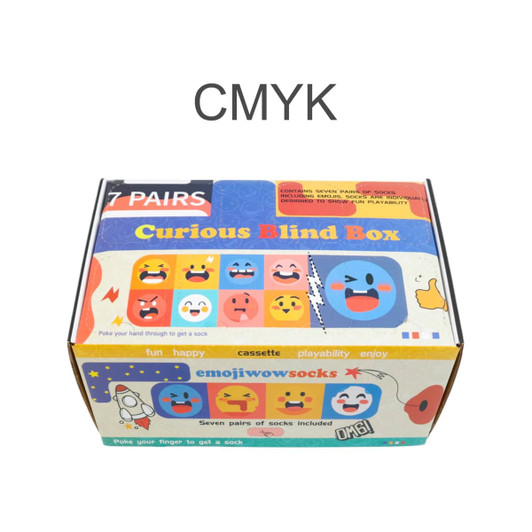 A promotional box featuring multi-coloured emoji designs, labelled as "Curious Blind Box" with a logo.