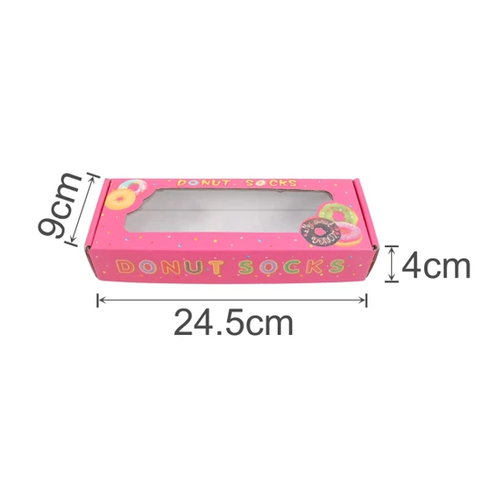 A large pink gift box with a rectangular window, designed for donut socks, featuring colourful donut graphics.