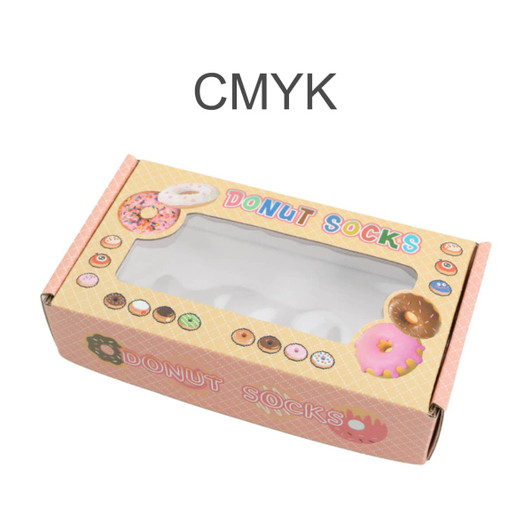A medium gift box with a rectangular window, featuring a colourful design and a logo, containing patterned donut socks.