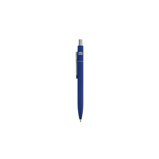 A blue metal ballpoint pen with a silver clip and a logo on the body.