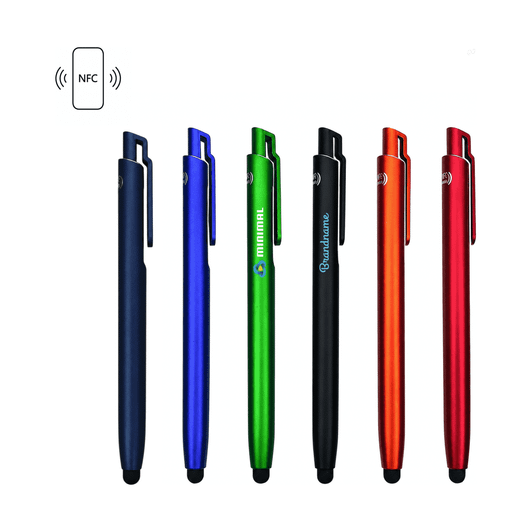 A collection of six stylus ballpoint pens in blue, green, black, red, and orange, with various branding and an NFC feature.