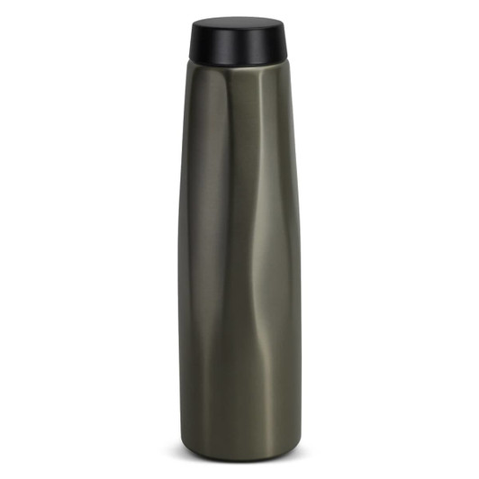 A drink bottle in a sleek, olive green finish with a black lid. Features a logo on the side.