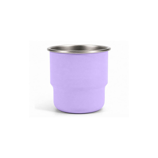 A round bottom camping mug in lavender with a stainless steel interior and a logo on one side.