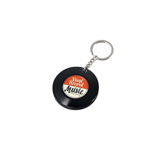 A black vinyl record keychain with a circular design and a silver chain, featuring a logo in the centre.
