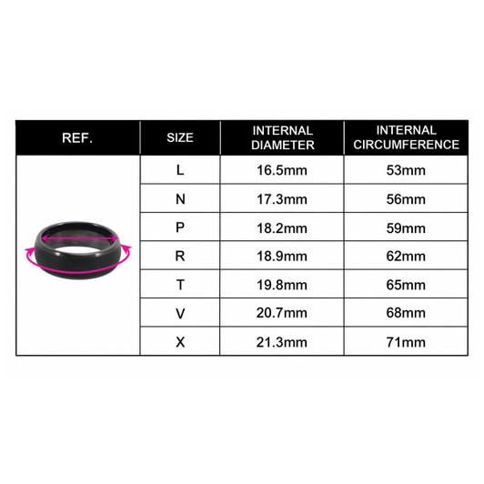 A table displaying sizes, internal diameters, and circumferences for NFC Carbon Fiber Rings in black.