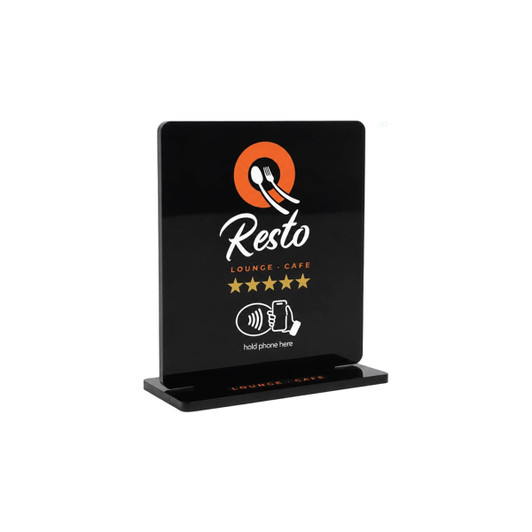 A black acrylic menu stand with a logo and a section for holding a phone, featuring an orange circle design.