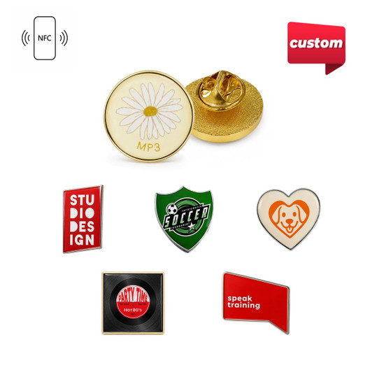 A collection of colourful NFC doming epoxy resin pin badges featuring various designs and a logo on some badges.