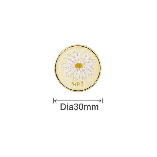 A round pin badge featuring a white daisy design on a yellow background, with a gold rim. Diameter of 30mm.