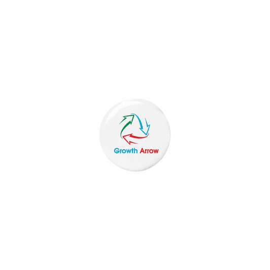 A circular epoxy sticker featuring a white background with multicoloured arrows and a logo.