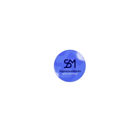 A circular sticker in blue with a logo and the text "SignatureMarks Spark the Magic."