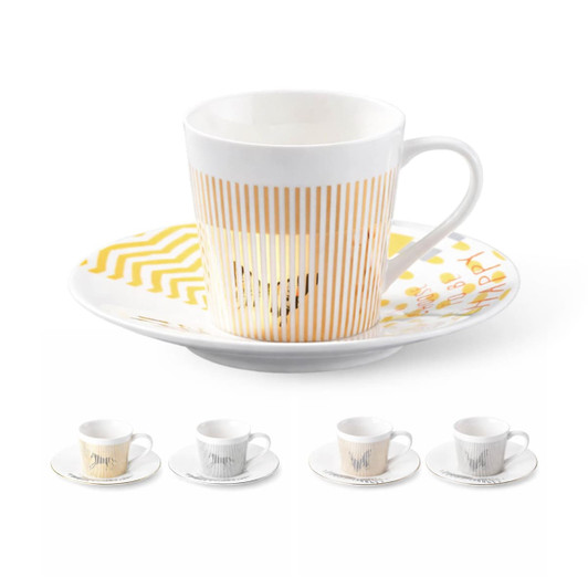 A coffee cup and saucer set in white with yellow striped and geometric designs, featuring a branding logo.