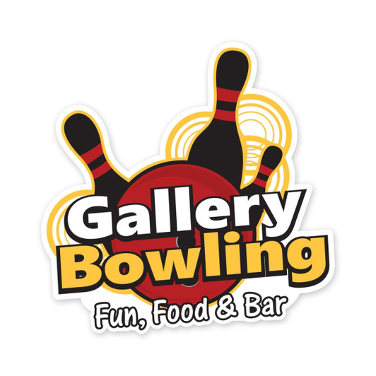 A sticker featuring a bold design with bowling pins and the words "Gallery Bowling" in red, black, and yellow.