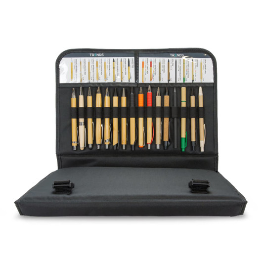 A black pen folder containing various pens and pencils, featuring a range of colours and styles.