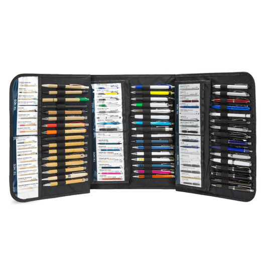 A pen folder featuring a variety of pens in multiple colours, neatly organised within a black case.