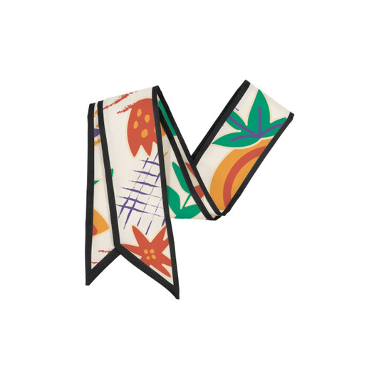 A twill weave narrow scarf featuring a colourful floral and fruit design with black edging.