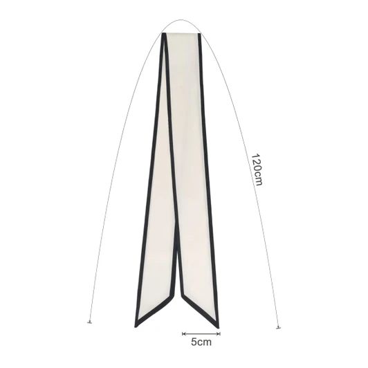 A narrow twill weave scarf in cream and black, measuring 120cm by 5cm, featuring a logo.